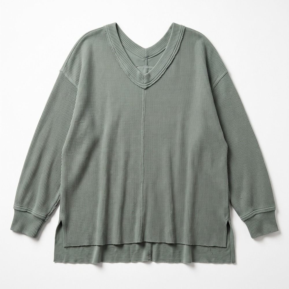 Aerie L Green Waffle Knit V-Neck Pullover Sweater Womens Cozy Casual